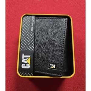CAT Caterpillar Mens GENUINE LEATHER RFID Trifold Wallet Black with Tin.  NEW!